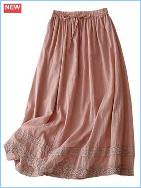 Cotton Linen Midi A-Line Skirt Lace Trim Flowy Boho Drawstring